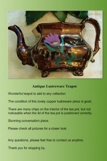 Antique English Copper Lustreware Teapot Hand Painted