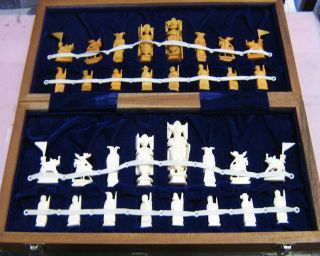 Vintage Antique Ox Bone Chess Set Pre 1960S
