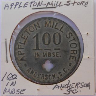Appleton Cotton Mill Anderson, SC $1 Zinc Token