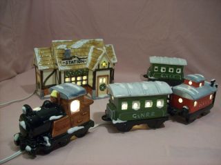 Dept 56 Snow Village Train Station with 3 Train Cars