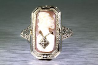 Antique 1920s Cameo Onyx Diamond 14k White Gold FLIP Filigree Ring 