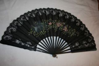 Fine Antique Hand Painted Ebony Lace Silk Fan 19th Century Lace