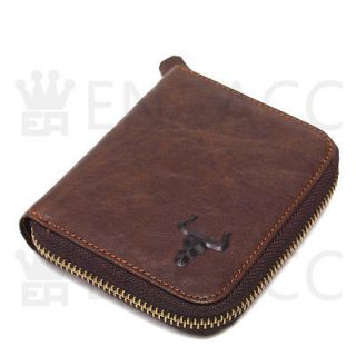 New Mens Vintage Brown Leather Zip Around Bifold Zipper Billfold 