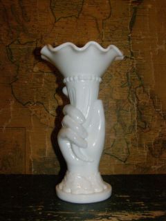 Antique Milk Glass Hand Vase Cornucopia Ring on Finger