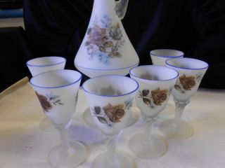   Cordial Set with Six Glasses. Elegant. Rose Motiff. White, Blue
