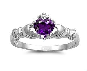 Amethyst Heart Claddagh Sterling Silver Ring   9mm   Sizes 4  10