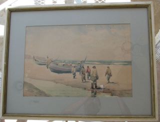 High Quality Watercolor Fishermen On The Beach By Manuel Tavares 1967 