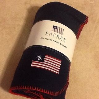 Ralph Lauren Fleece Throw Blanket Cover Blue American US Flag Comfy 30