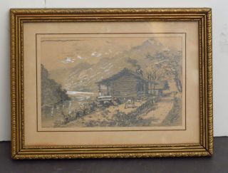 Eastman Jonathan Johnson Pencil Drawing Log Cabin By River MA ME Well 