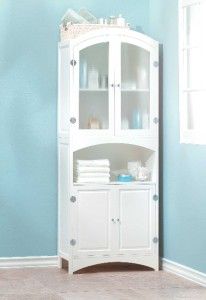 Wood Bathroom Linen Storage Cabinet White Glass Doors