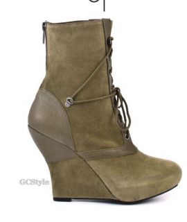 BACIO61 Natura Over Ankle Wedge Suede Granny Lace Up Boot Olive 9 5 
