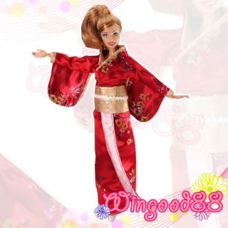 Handmade Red Japanese Traditional Kimono Party Dress Clothes for 