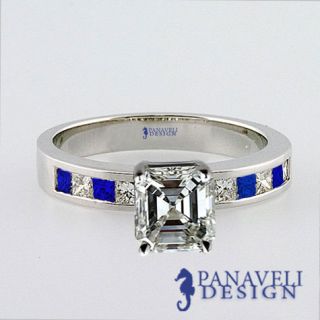 45 ct Asscher Cut Diamond & Blue Sapphire Engagement Ring 18k White 