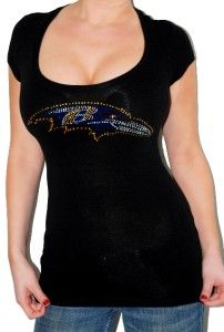 Baltimore Ravens Rhinestone Bling Black Stretchy Fitted Top T Shirt 