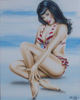 color modern pinup girl painting BETTIE PAGE red white candy stripe 