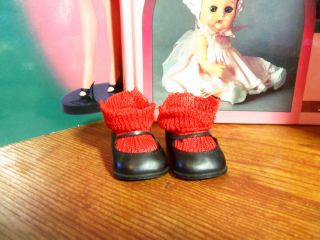 Vintage Nice Pair of Black Maryjane doll shoes w Red Rayon Socks Size 