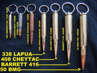 Real Bullet Keychain 50 BMG 416 Barrett 408 Cheytac 338 Lapua 7 62x39 