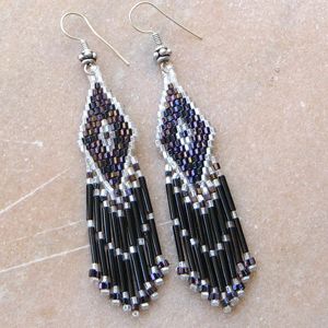 Iris Black Silver Delica Beads Beaded Earrings Handmade
