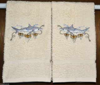   Shark Teeth 2 Embroidered Bathroom Hand Towels by Susan