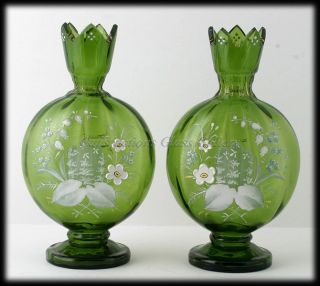 Antique Green Bohemian Art Glass Lily of The Valley Enameled Vases 