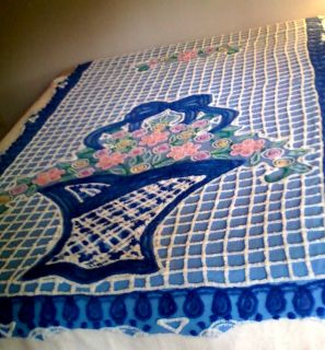 Vintage Chenille Bedspread Piece Flowerbasket Blue White Pink Green 