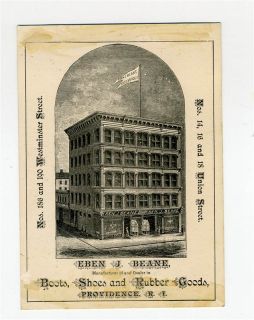 Eben J Beane Boots Shoes Trade Card Providence Rhode Island 1800S 