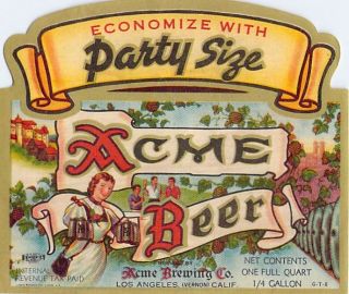 Acme Brewing Co Vintage IRTP Beer Label Party Size