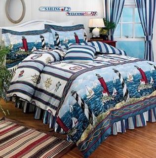   Sail Boat Stripe Red Blue Beach Ocean Comforter Set Twin