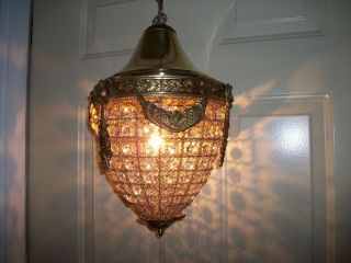Vintage Ornate Brass Crystal & Beaded Basket Chandelier Ceiling Light 