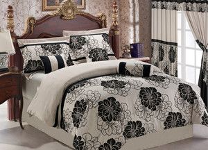 7Pcs Queen Beige Black Floral Flocking Bedding Comforter Set