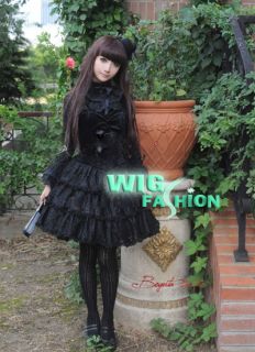 Fantasy Gothic Lolita Black Lace Ruffled Spaghetti Strap Costume Dress 
