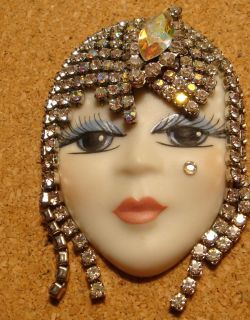   Lady Face Porcelain Swarovski Crystal Hand Painted Beaty Pin