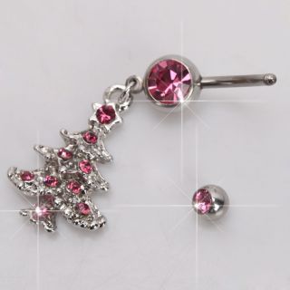   Belly Button Ring Christmas Tree Dangle Barbell Body Piercing Pink