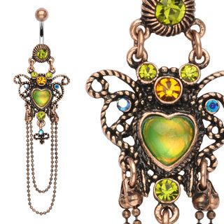   HEART BELLY RING NAVEL CHAIN DANGLE GREEN GEMS BUTTON PIERCING JEWELRY