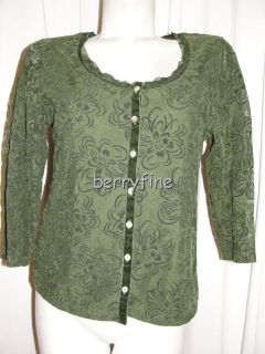 BFS12 Coldwater Creek Size M Army Green Lace Style Shell 3 4 Sleeve 
