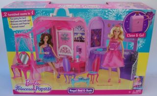 Brand New Barbie The Princess & Popstar Royal Bed Bath Playset Bedrom 