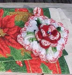   Crocheted Rose Potholder + Poinsettia Kitchen Dish Towel Jingle Bells