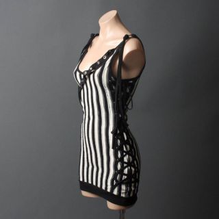 White Black Striped Grunge Steampunk Grommet Dress M Size