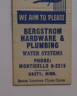 1950s Matchbook Bergstrom Hardware & Plumbing Hasty MN Wright Co 