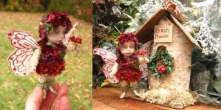 Berri OOAK Fairy w Birch House Fairies Art Doll Sculpture 3 75 