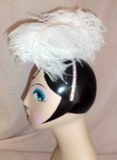 White Double Bent Ostrich Feather Headpiece w Silver Trim