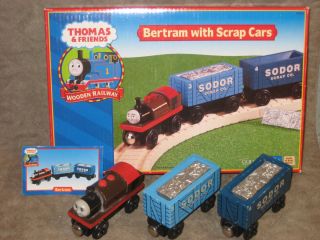 RARE Retired Thomas Wooden Railway Bertram with Scrap Cars Used in Box 