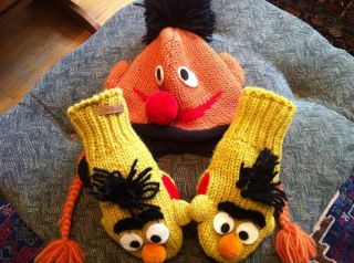   Sesame Street Ernie Pilot Kids Hat w Bert Mittens Handmade