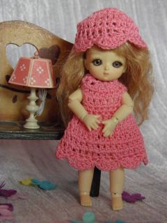 STYLE CROCHET PINK DRESS HAT for 4 Dolls Fairy Land Puki Tiny BJD 