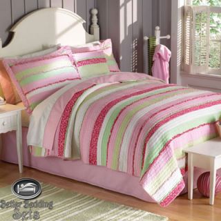   Pink Green Stripe Quilt Bedding Set for Twin Full Queen Size