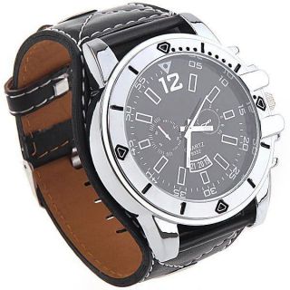 big face quartz synthetic leather band men sport wrist watch hours 
