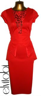 New Sexy Red Lace Trim 40s Vintage Style Peplum Pencil Wiggle Dress 8 