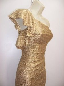 Betsy Adams Gold Ruched Stretch Ruffled One Shoulder Cocktail Party 