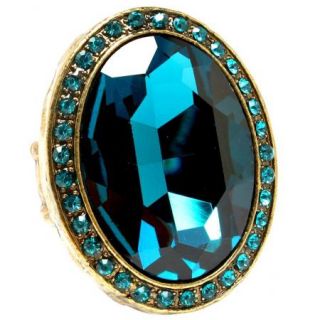 Big Teal Oval Stretch Ring Cocktail Crystal Glass Burnished Gold Tone 