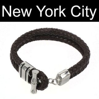   Bolo Leather Bracelet Wristband Cuff Stainless Steel Lock B0023BRN